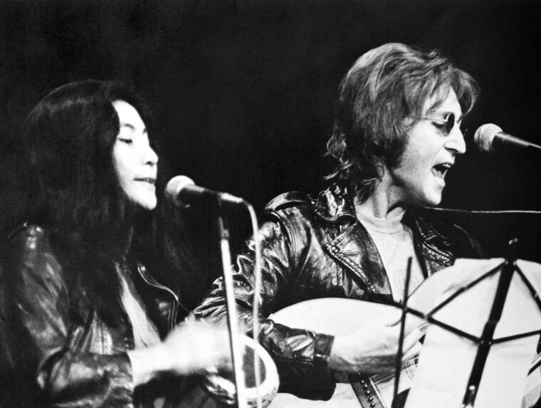 Yoko Ono and John Lennon at John Sinclair Freedom Rally at Crisler Arena in Ann Arbor, Michigan
